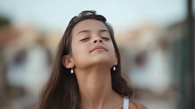 Tucking drop earrings, preteen girl smoothing wavy hair after breeze at promenade in white tank top