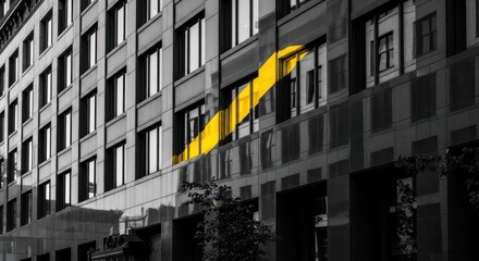 Modern building facade features repetitive window patterns highlighted by a striking diagonal band of bright color