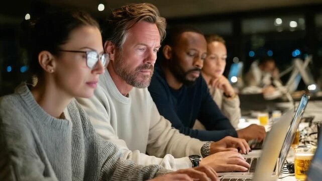 Digital Minds at Work: A team of skilled professionals immersed in a collaborative tech environment, their focused expressions highlighting the power of teamwork and technological innovation.