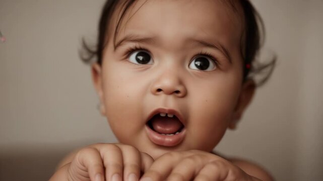 Reacting to curious gaze, infant grasping wooden block and mouthing it at home, wearing red bow