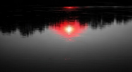 Intense red light reflects dramatically upon the dark, rippling surface of still water at twilight.