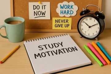 Study motivation reminders with coffee and alarm clock for focus and goals study motivation.