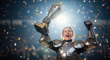 Woman champion in knight armor raising trophy with confetti. Victory and success concept for competition. Award ceremony or winning event