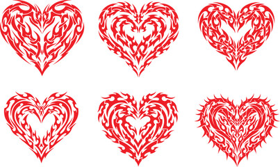 Vibrant tribal flame heart designs collection, symbolizing passion and love, for unique graphic art and tattoo inspiration
