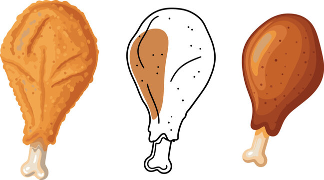 Vector illustration set featuring fried chicken drumsticks in realistic line art and cartoon styles for food menu designs