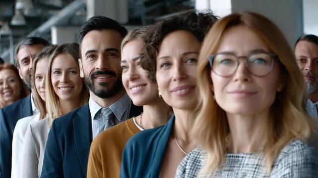 **Business Ensemble: A cohesive ensemble of business professionals standing confidently in a line. Showcasing unity, collaboration, and a shared vision.**