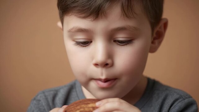 Starting bite boy tasting sucking chewing roll twohanded on beige backdrop in gray longsleeve top
