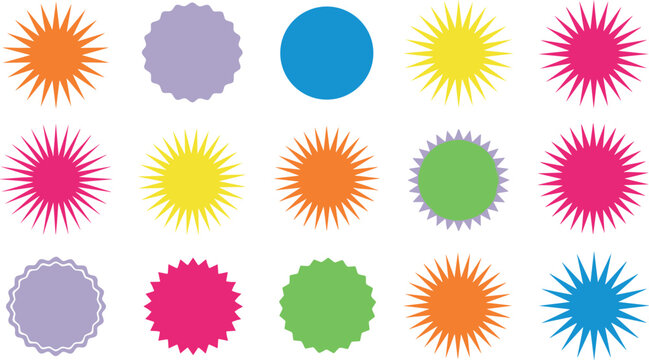 Colorful sunburst and scalloped badge shape collection with abstract starburst circles for labels, stickers, promotions, and flat vector design