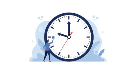 A person interacts with a large clock emphasizing time management concepts