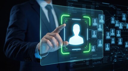 Tech-Savvy Executive: A sharply dressed executive, engaged in a futuristic interaction, is seen touching a holographic screen with precision, symbolizing cutting-edge tech.