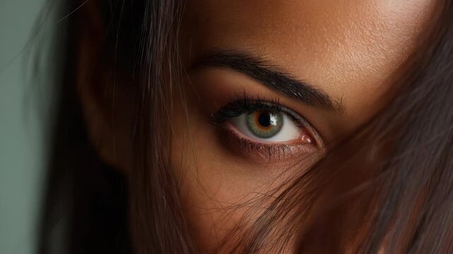 Close-up extreme macro shot of a woman's striking green eye with dark lashes and brow