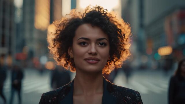 Smiling Hispanic woman wearing dark blazer and hoops, easing to neutral, camera tightening downtown