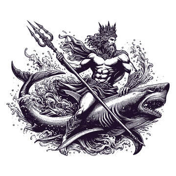 Poseidon Riding A Shark With Trident