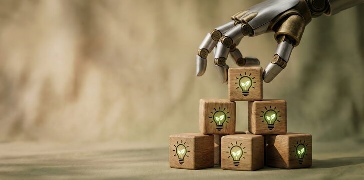 Robotic Hand Assembling Idea Cubes: A metallic, robotic hand carefully constructs a pyramid of wooden cubes, each emblazoned with a glowing lightbulb.