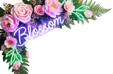 Valentine Neon blossom text sign with pink roses and peonies decorated with green leaves in corner frame