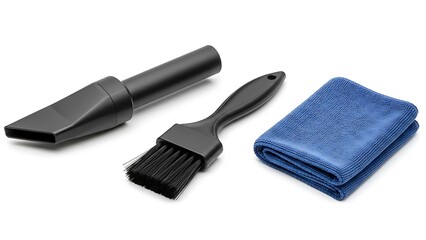 Car cleaning tools including brush and microfiber cloth.