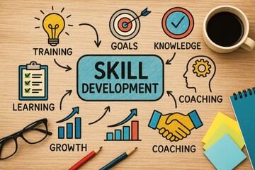 Skill development process illustration with training, goals, and growth keywords skill development.