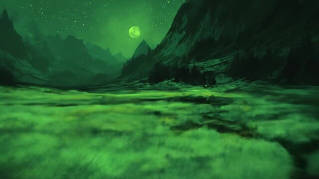 Eerie alien night scene with glowing green moon illuminating a foggy mountain valley and mysterious landscape