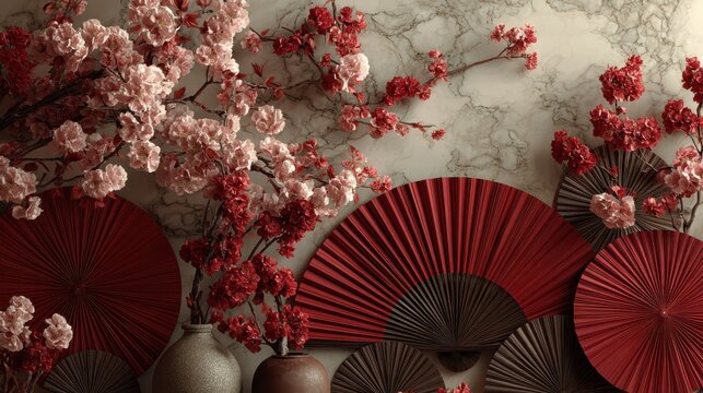 Colorful cherry blossom branches and red paper umbrellas arranged on a blue background with a focus on Asian decor and festive elements during spring season