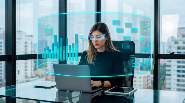 Business woman managing predictive data dashboards on virtual interface at office desk