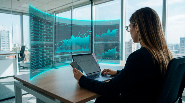 Business analyst reviewing financial dashboards on curved transparent display at office desk