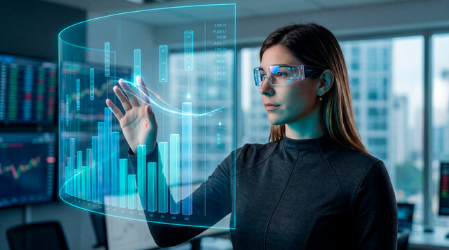 Financial data analyst adjusting charts on transparent digital screen inside office