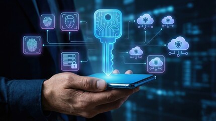 Digital Security Key: A high-tech digital key floats above a smartphone, symbolizing access to encrypted data and showcasing cutting-edge security, the modern protection.