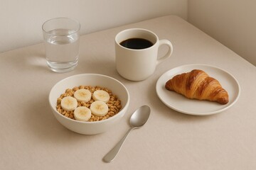 Morning breakfast setup with cereal, banana slices, coffee, and croissant, healthy food, breakfast.