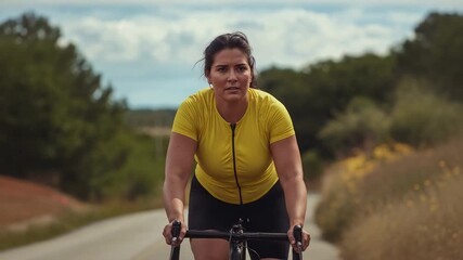 Pedaling woman cyclist in yellow jersey on drops, training toward camera on road, camera starting