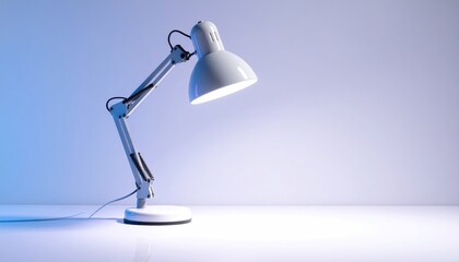 A white desk lamp glows brightly against a gradient backdrop, illuminating a clean surface
