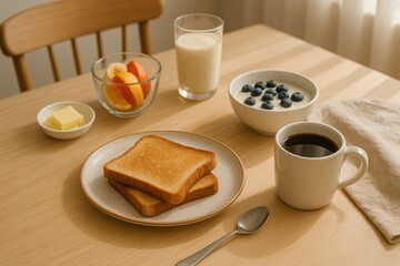 Morning breakfast spread with coffee, toast, oatmeal, and fruit slices breakfast toast coffee.