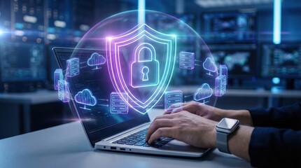 Cybersecurity Shield: Hands of a professional working on a laptop, a digital shield and padlock hover, symbolizing robust security, data protection.