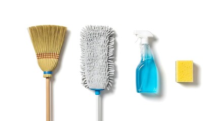 Cleaning supplies including broom duster spray bottle and sponge.