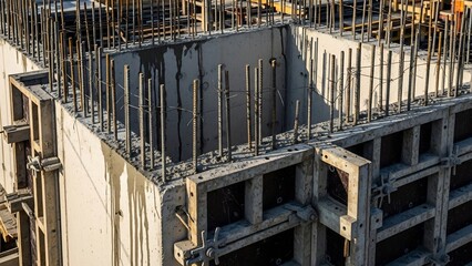 Construction site with concrete forms and steel reinforcement bars, building structure.