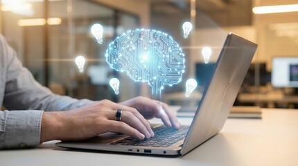 Digital Intelligence: A person uses a laptop, with a glowing digital brain and light bulb concept overlay, highlighting innovation and technological advancement.