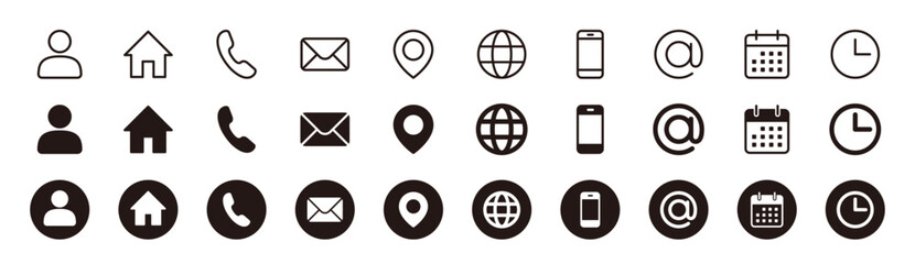 Fototapeta na wymiar Contact icon set for website and business - Telephone, mail, address, web, user, home, location, calender, time icons