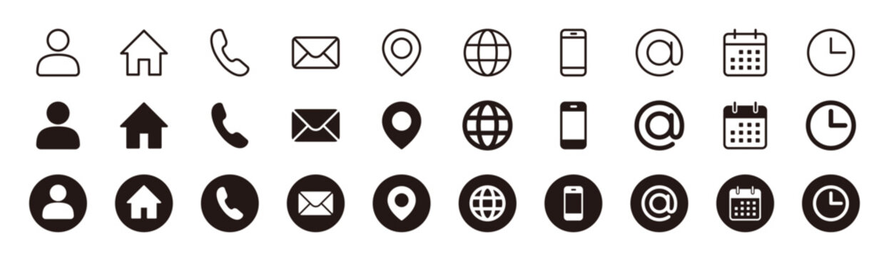 Contact icon set for website and business - Telephone, mail, address, web, user, home, location, calender, time icons