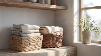 Corner of a room with a window on the right side. on the left side of the image, there is a wooden shelf with a few decorative items on it. on top of the shelf, there are two woven baskets.
