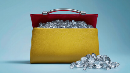 A yellow leather women's bag with lots of valuable diamonds and shiny diamonds in the foreground, on a light blue studio background. Concept of wealth, high monetary value, surreal and bold visuals. 