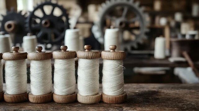 Spools of white thread lined up on a wooden table in a workshop with old machinery in the background showing a rich history of textile work