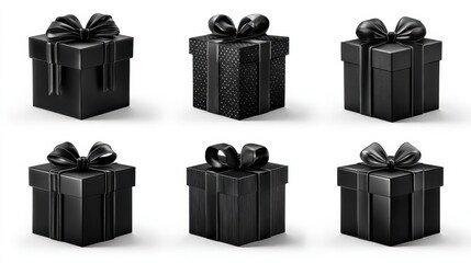 Black and white gift boxes arranged in a grid pattern on a white background for various occasions and celebrations throughout the year