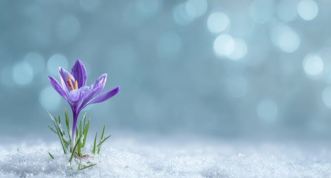 Purple crocus blooming in snow with soft bokeh background
