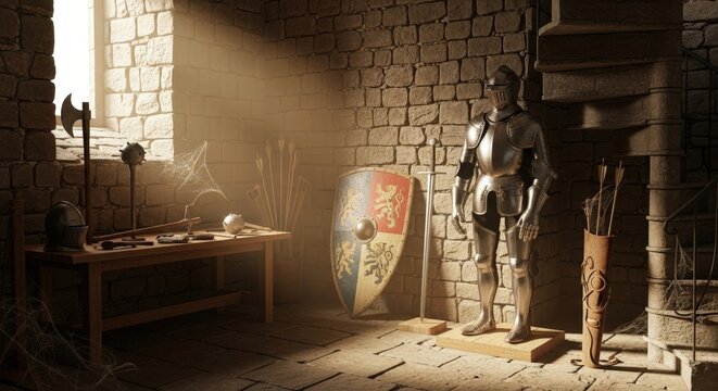 Knight suit of armor and medieval weaponry in an old castle room with light from a window, historical concept for medieval history