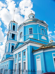 Church of the Ascension of the Lord in Kashira city, Russia. Striking example of neoclassical architecture, featuring a bright blue exterior with white decorative elements