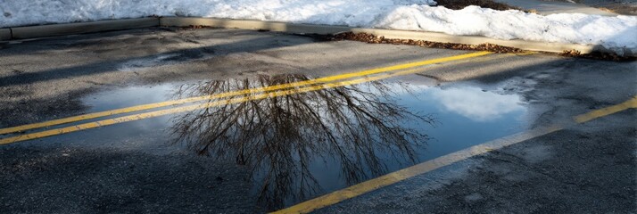 Obraz premium Winter parking lot with snow puddle and tree reflection