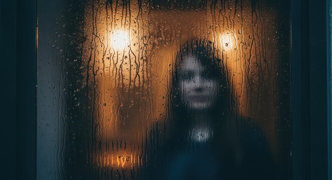 Blurred figure of a person visible through a rain covered window pane at night
