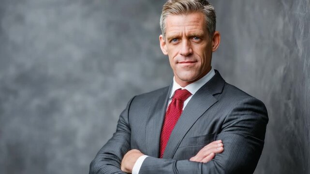 Confident Executive Portrait: A poised executive, exuding confidence, poses in a sophisticated setting, wearing a well-tailored suit and a bold red tie.