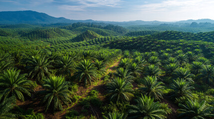 Obraz premium Aerial View of Rolling Palm Oil Plantation Hills at Sunrise