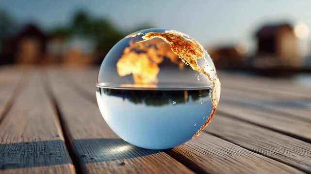 Glass Globe on wooden deck: A glass sphere holds a mesmerizing miniature world reflecting the serene beauty of the environment, symbolizing global unity and interconnectedness.