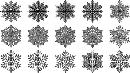 Set of intricate black snowflake silhouettes on winter crystal ornaments for Christmas greeting cards, festive decorative holiday vector elements © Saminur